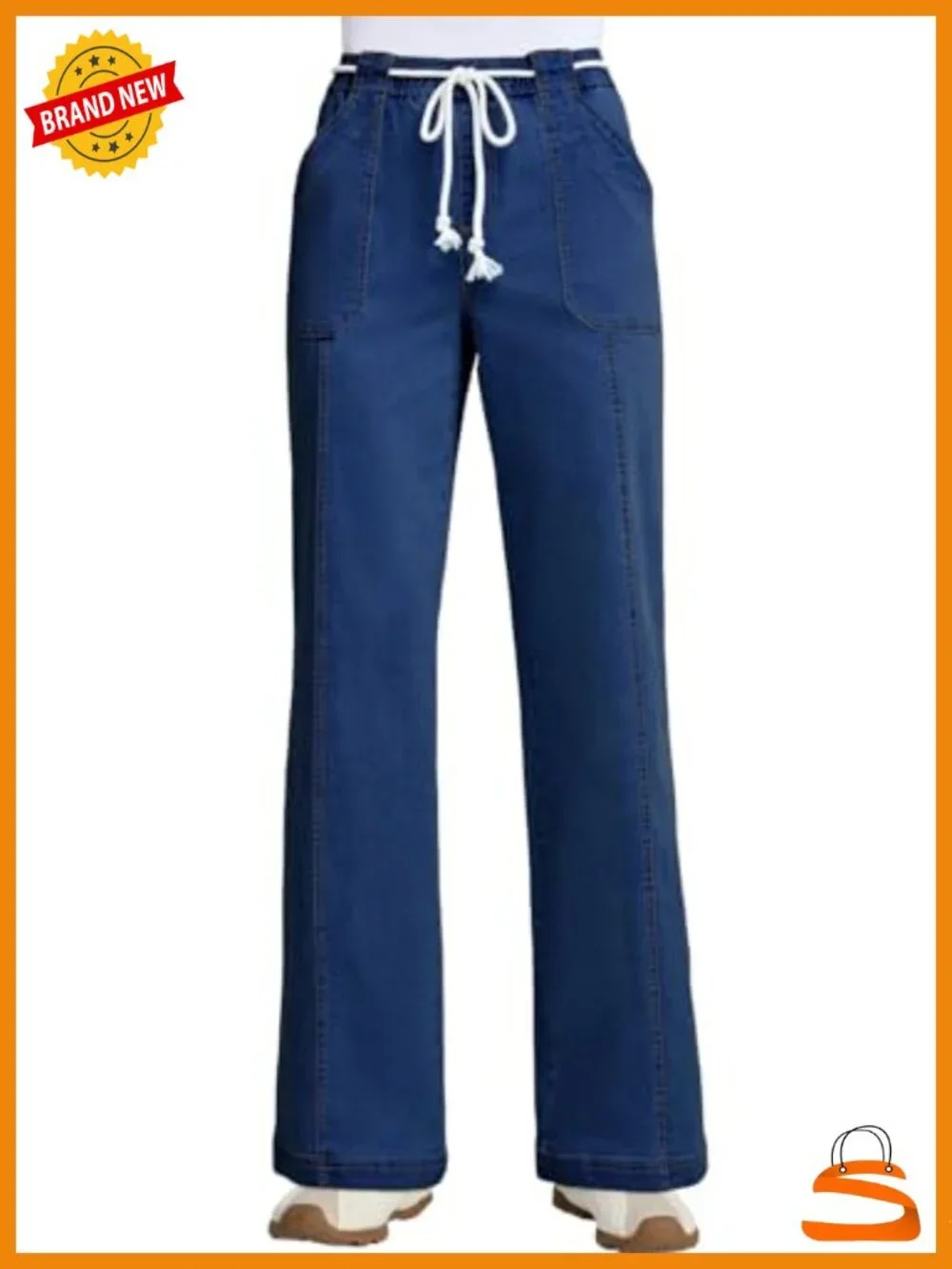 Wide Leg High Waisted Drawstring Straight Leg Jeans with Pockets